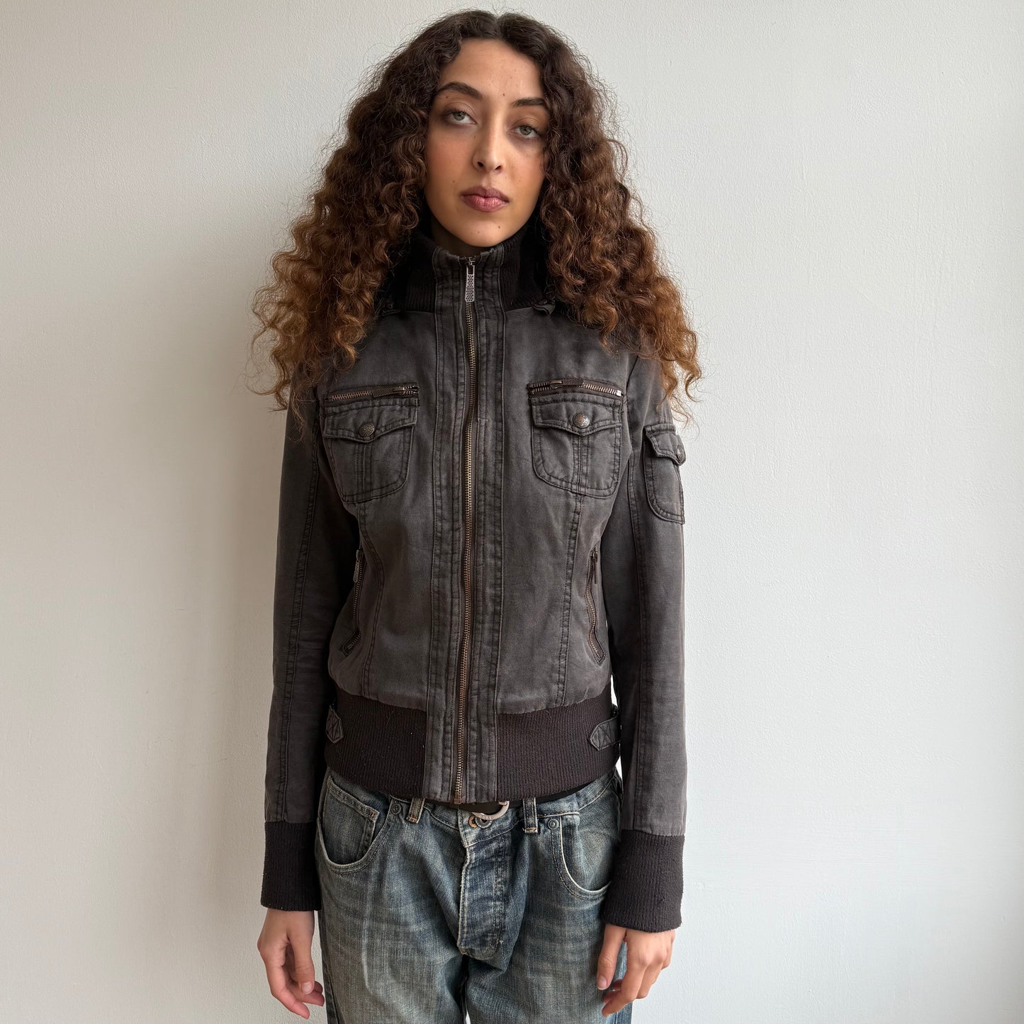 Brown fur hood cargo bomber - Size S