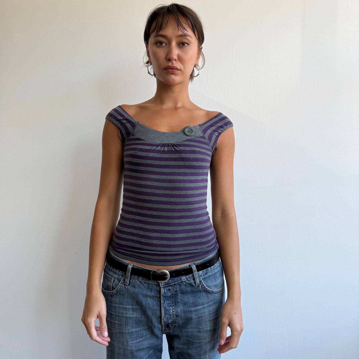 Purple + grey striped button top - Size XS
