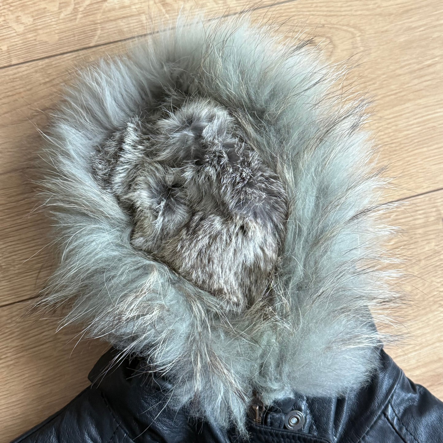 Black leather fur hood bomber - Size S