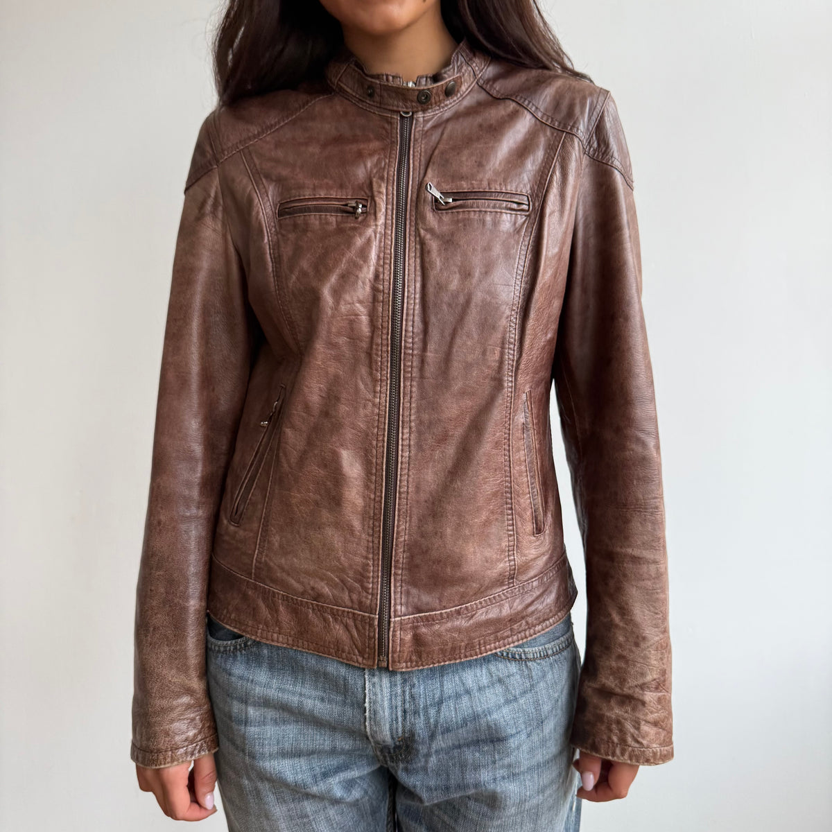 Brown leather motocross jacket - Size M