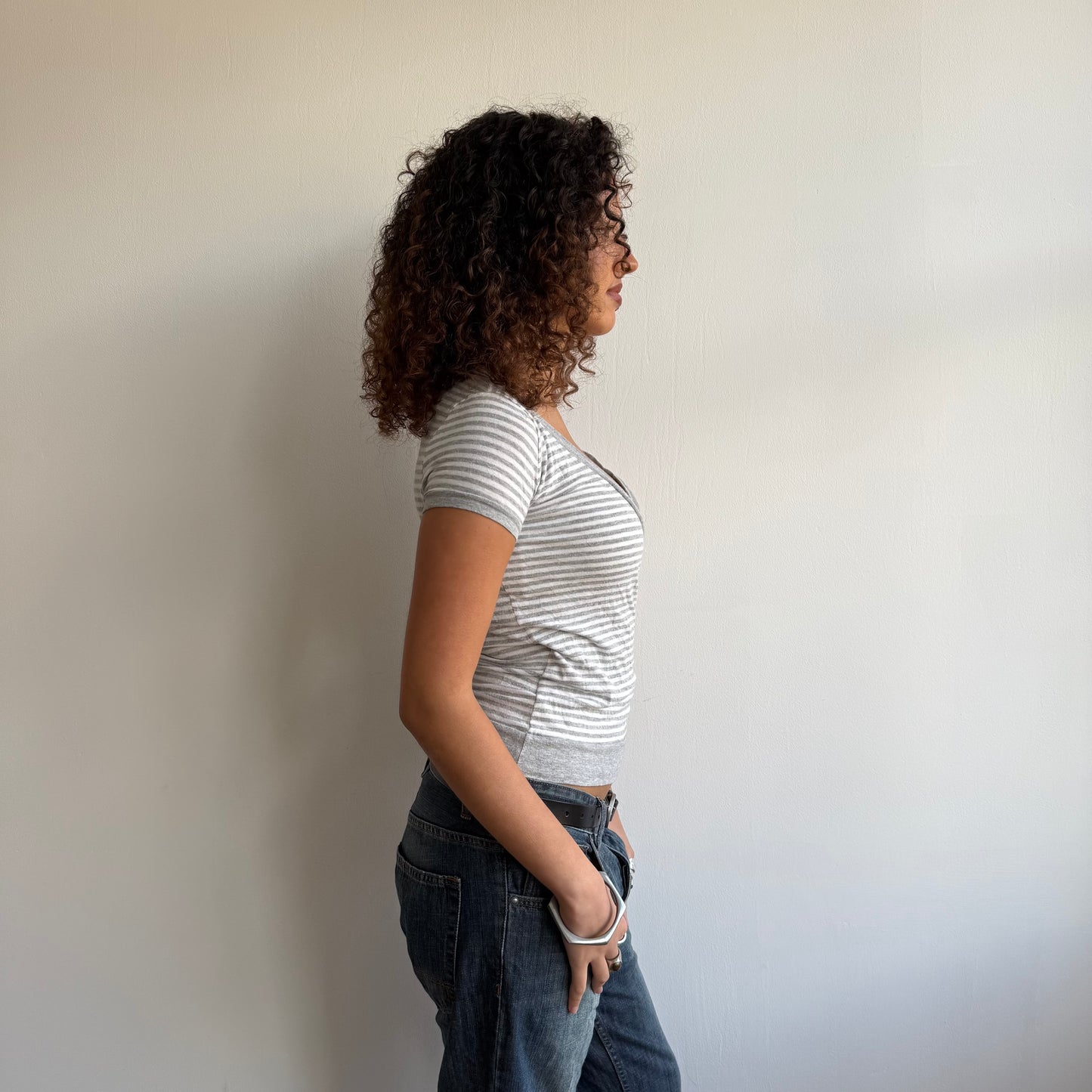 Grey + white stripe wrap top - Size S