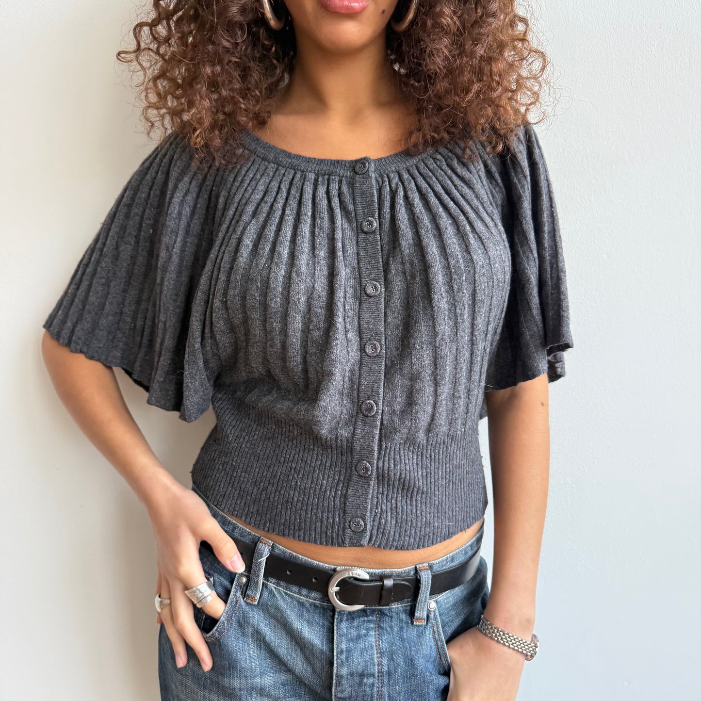 Dark grey button batwing knit - Size S/M