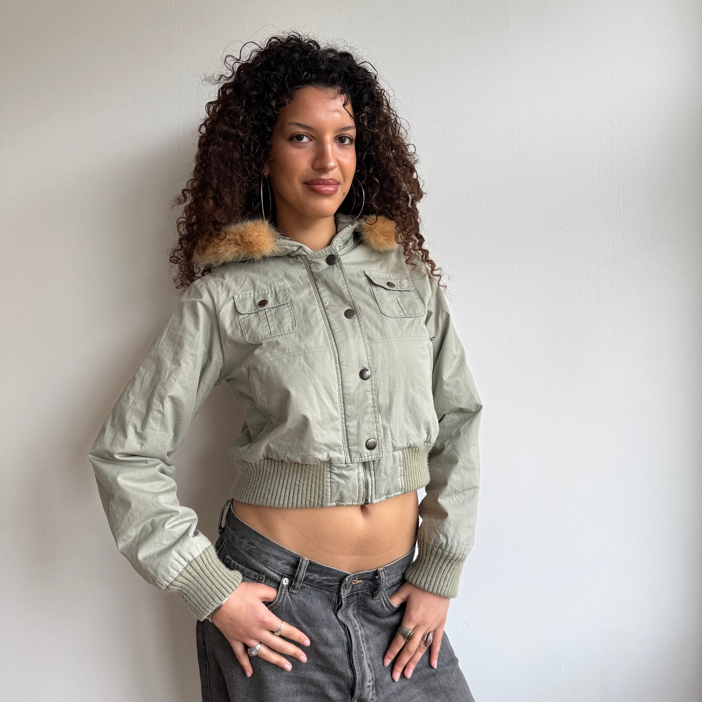 Khaki puffer fur hood - Size S