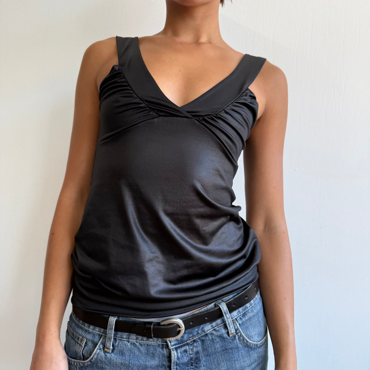 Black wet look cinched top - Size S