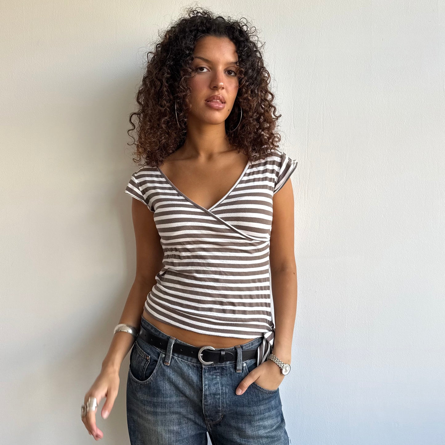 Brown + white stripe wrap top - Size M + L