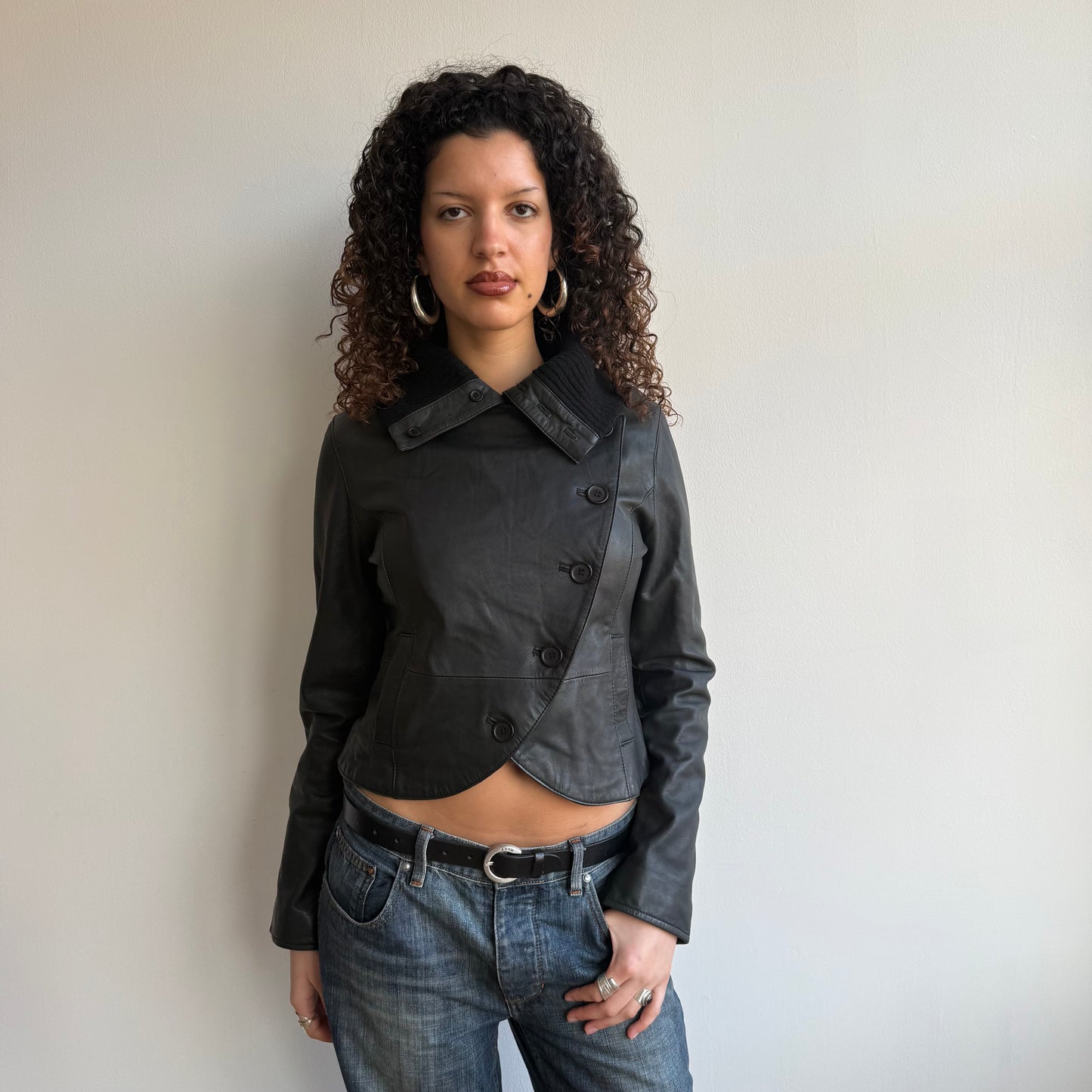 Black leather asymmetric peacoat - Size S/M