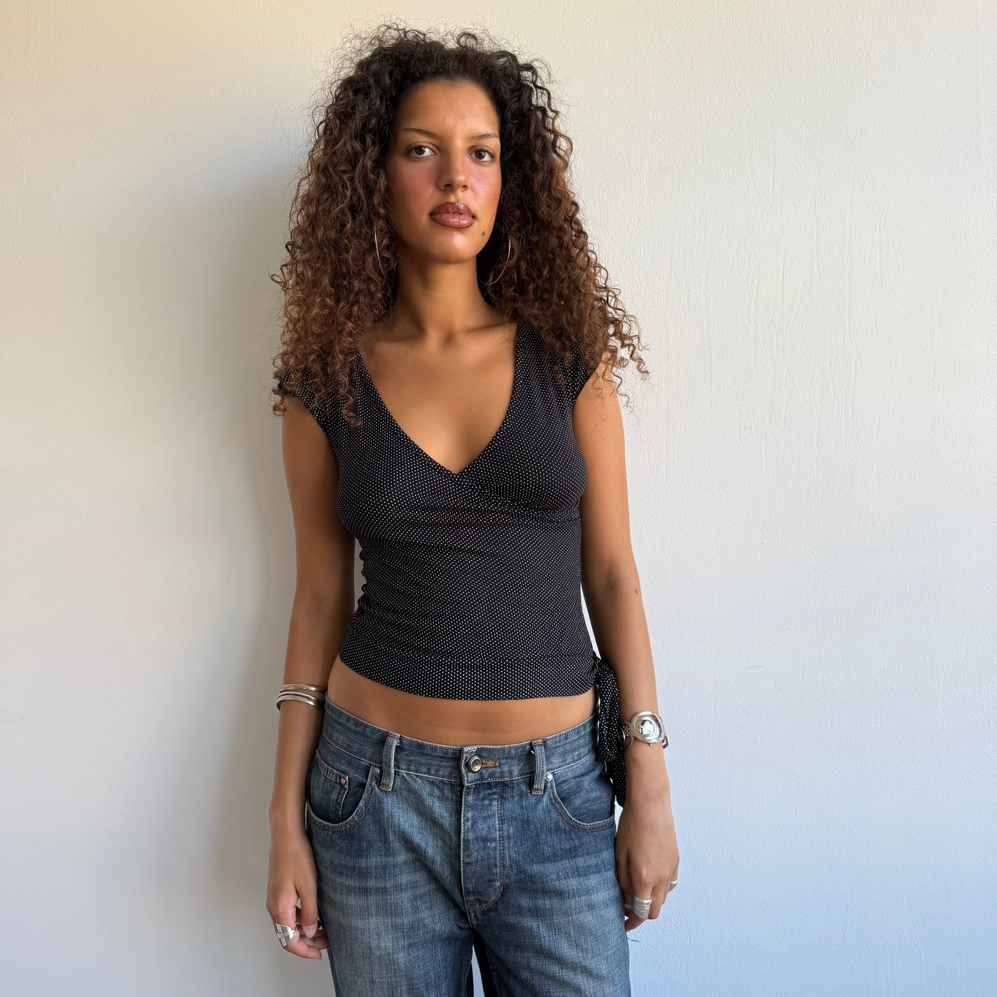 Micro polka dot wrap tie side top - Size Small