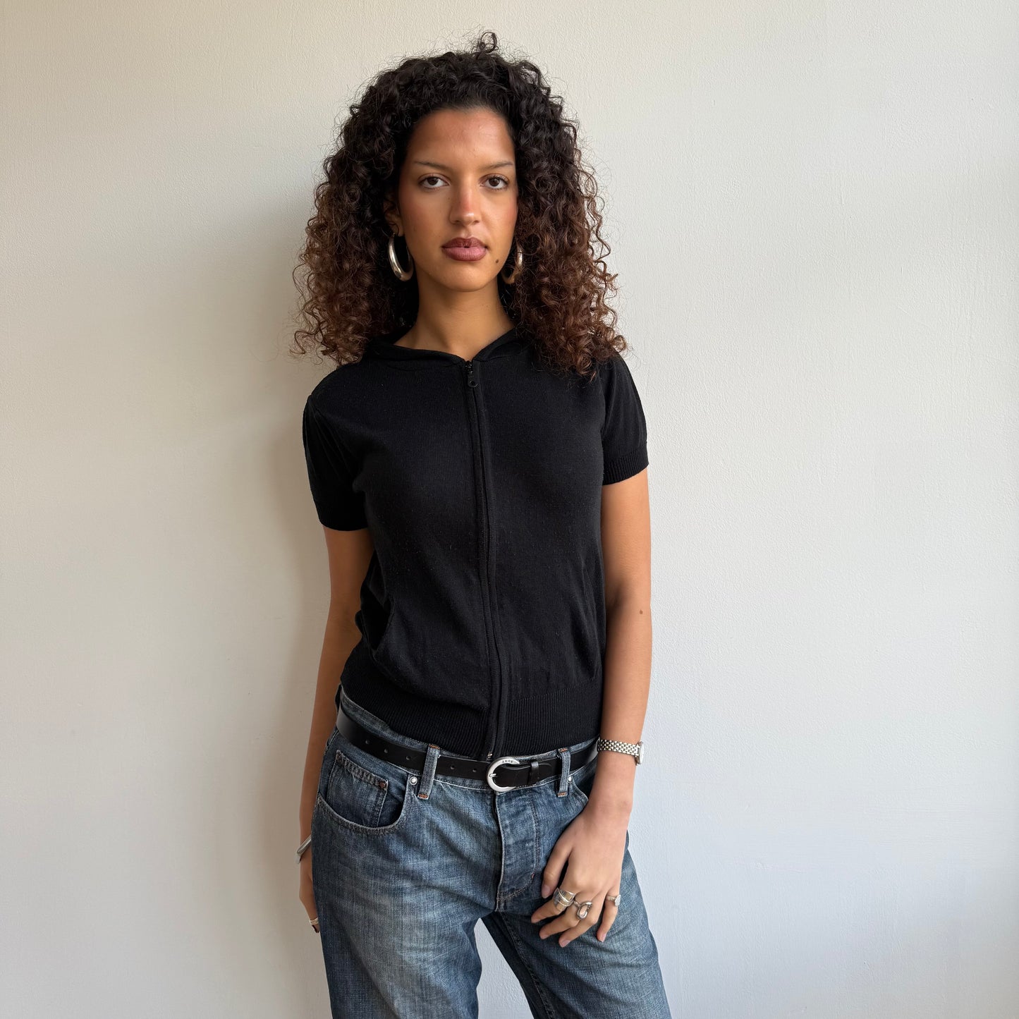 Black short sleeve knit hoodie - Size XS