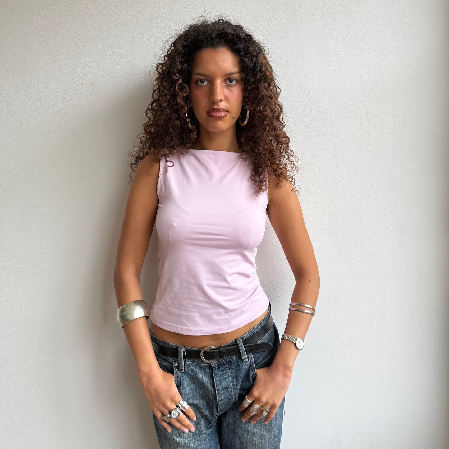 Pink slinky bateau neck top - Size S/M