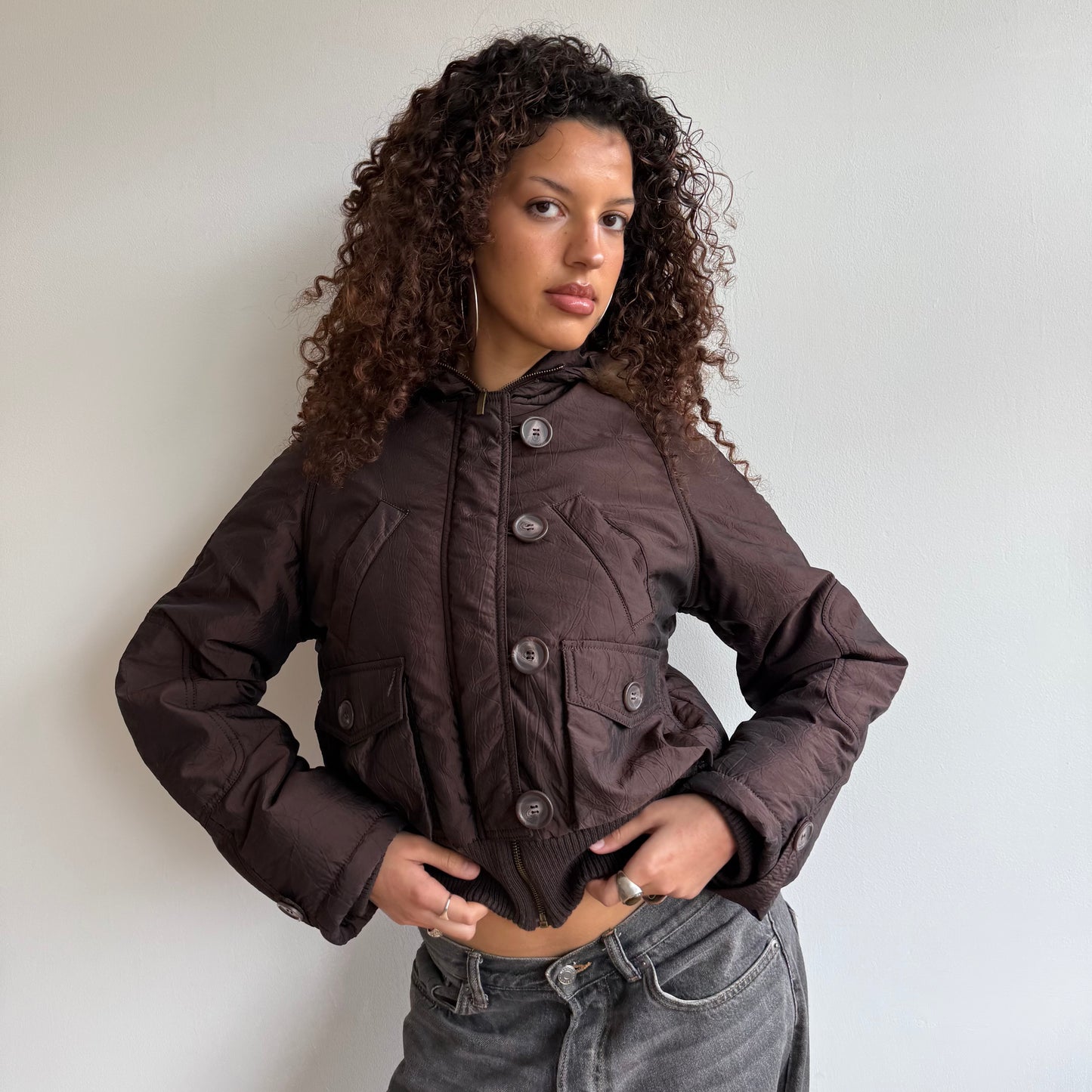 Brown puffer fur hood - Size M