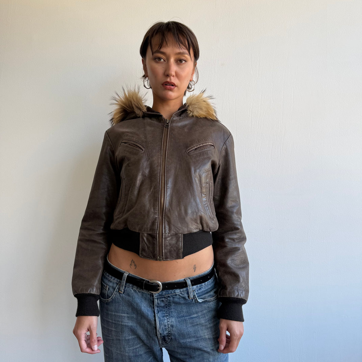 Brown leather fur hood bomber - Size S/M