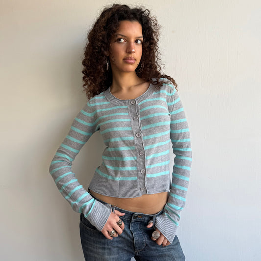 Turquoise + grey striped cardi- Size M