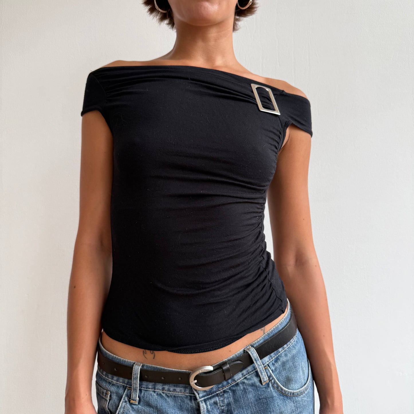 Black bardot buckle tee - Size S