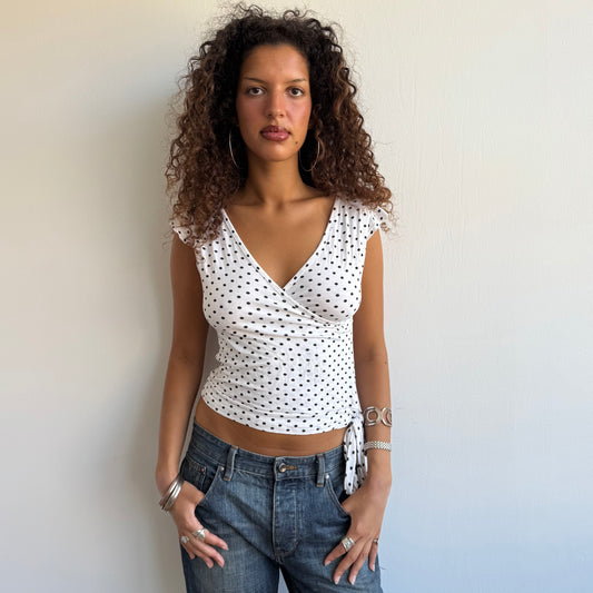White polka dot wrap top - Size S + M