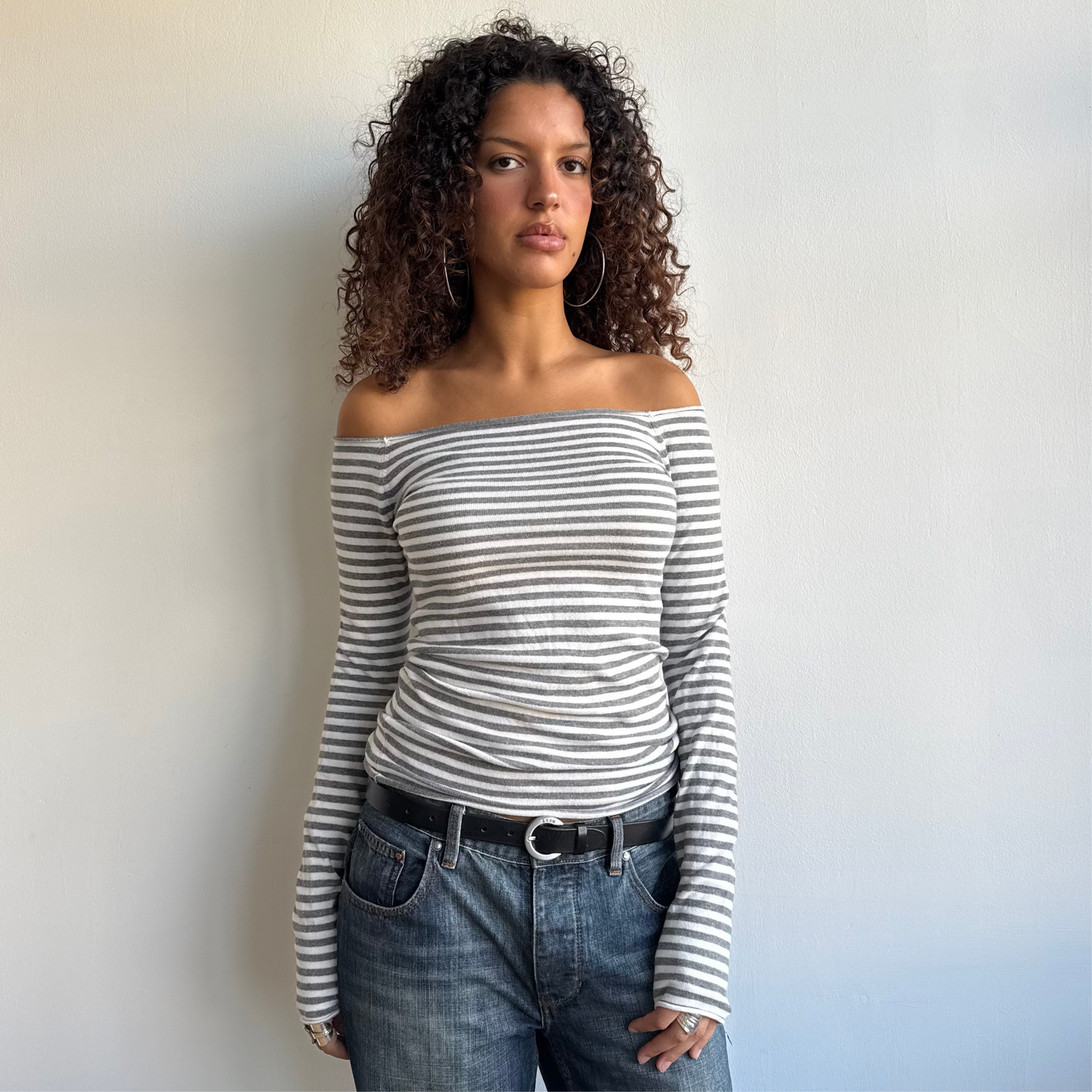 Grey + white striped Bardot top - Size S/M