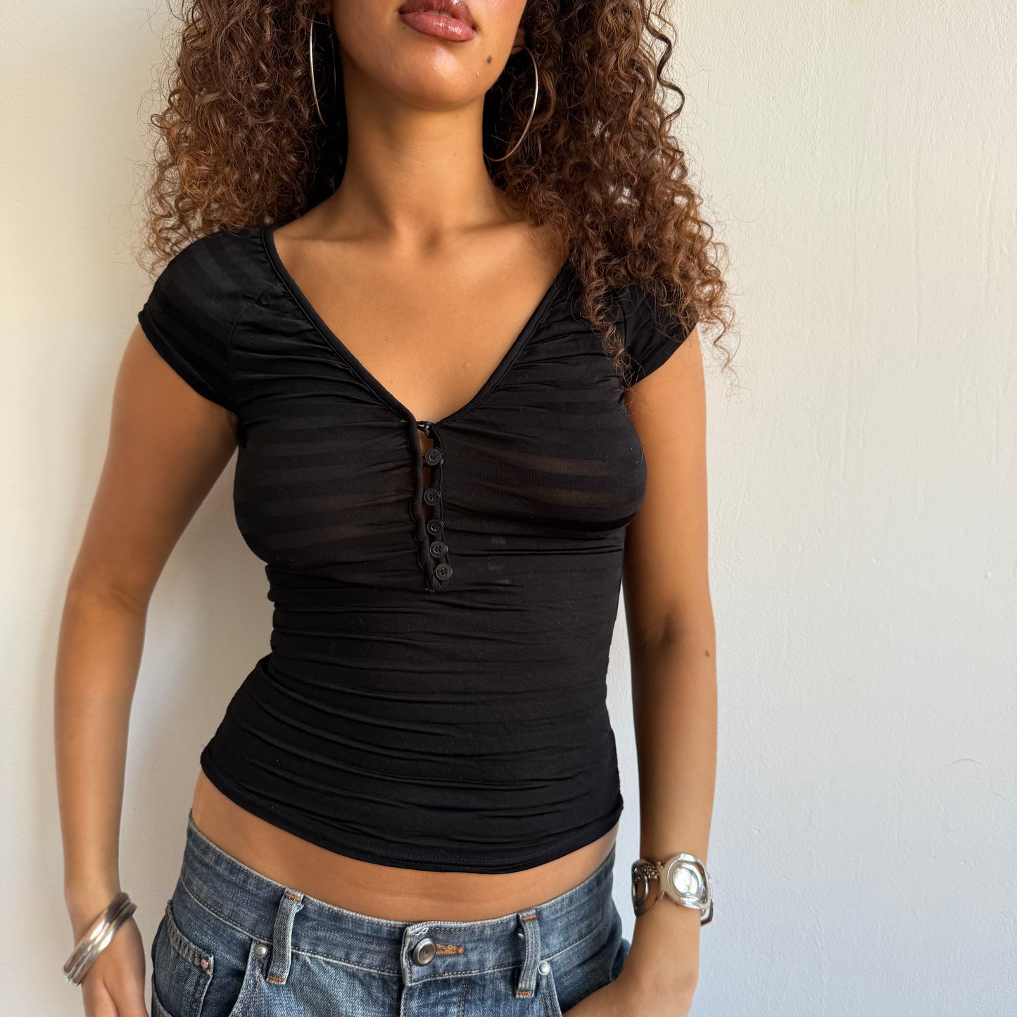 Black striped button top - Size S