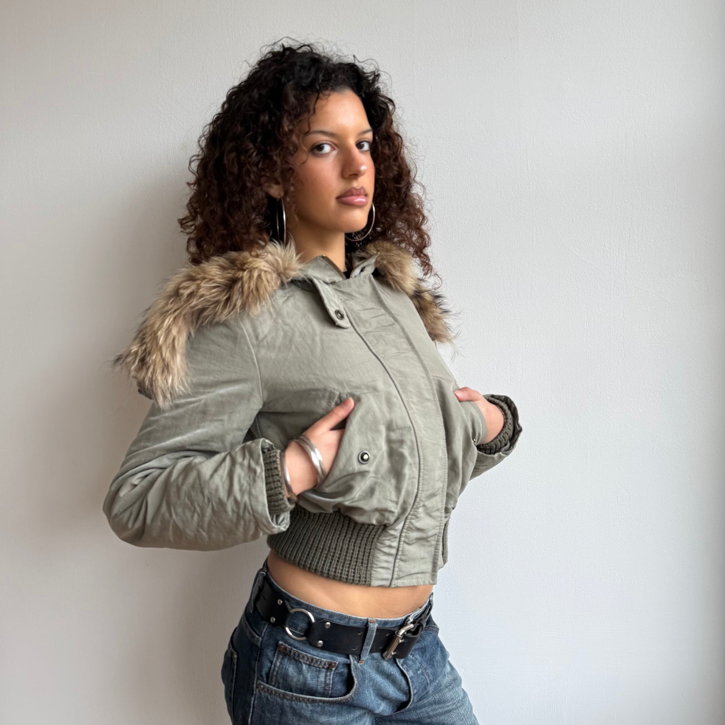 Khaki fur hood bomber - Size S