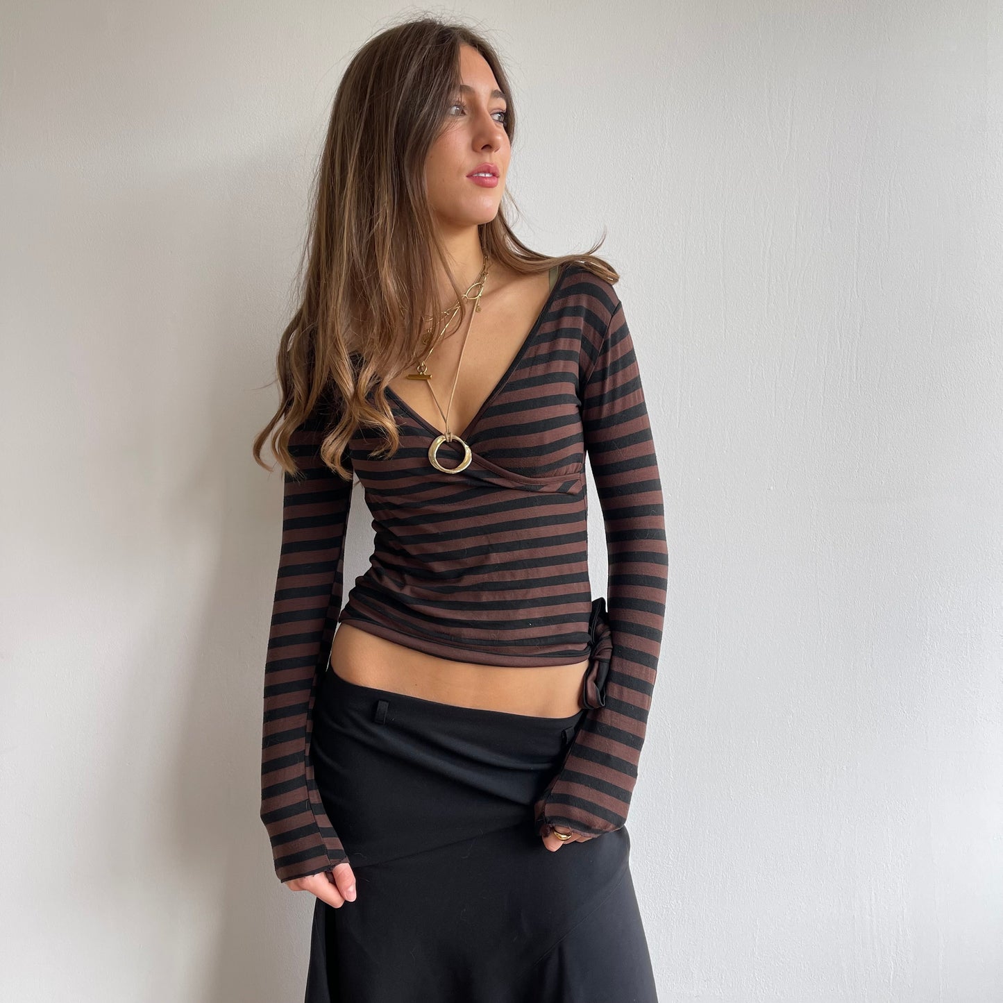 Brown stripe long sleeve wrap top - Size S