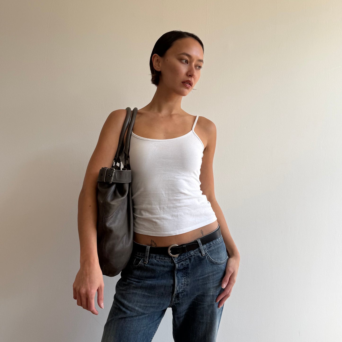 Grey leather buckle bag - One Size
