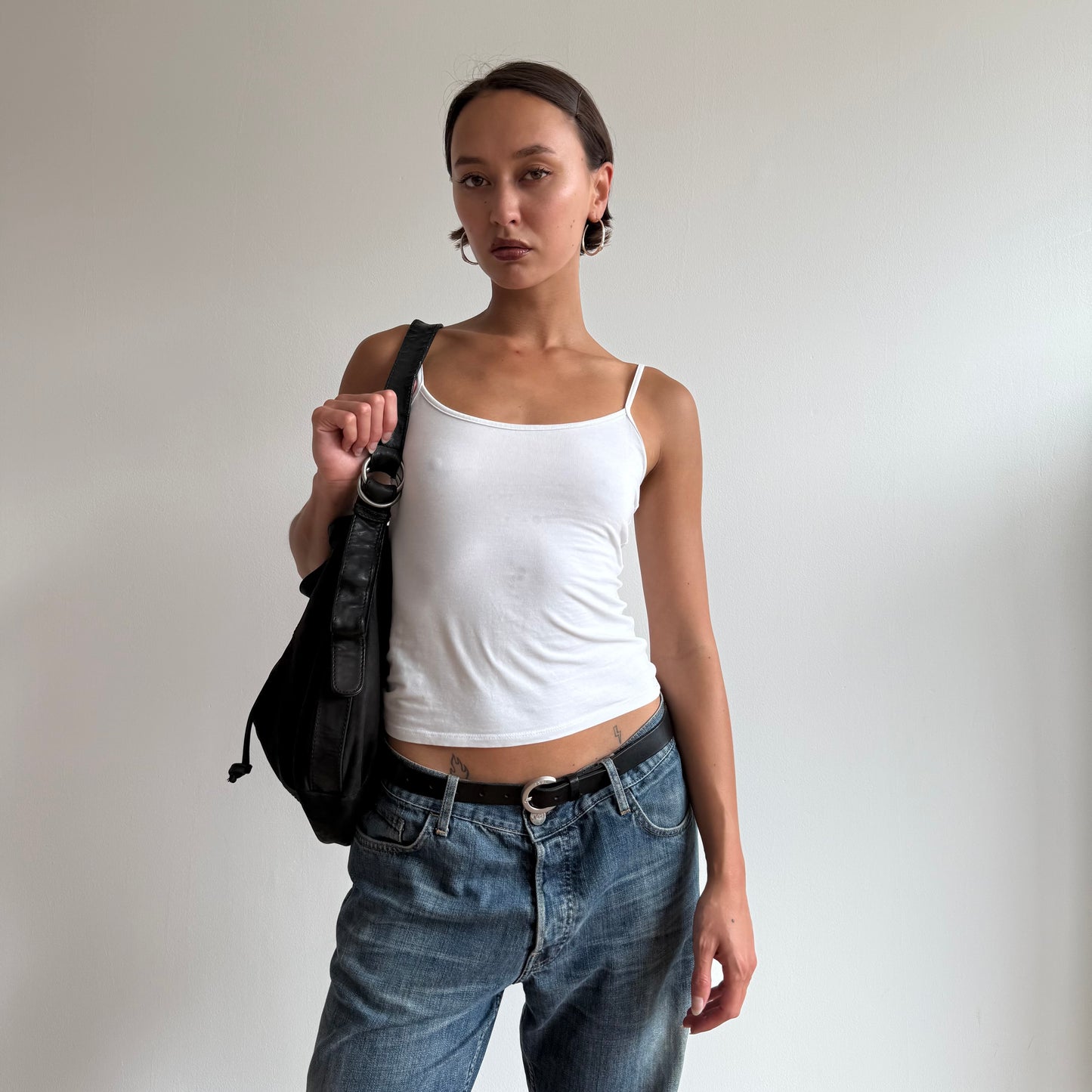 Black leather slouchy handbag - One Size