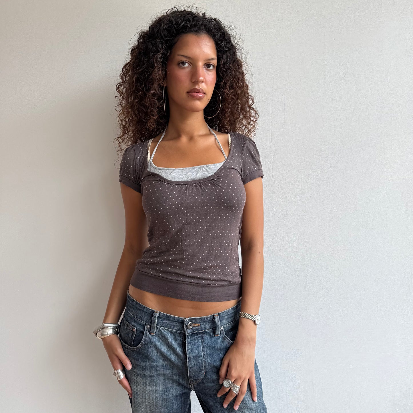 Brown polka dot striped halter top - Size S-M