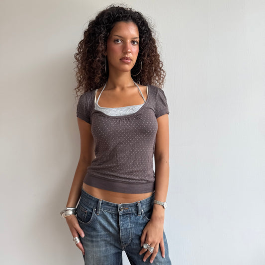 Brown polka dot striped halter top - Size S-M