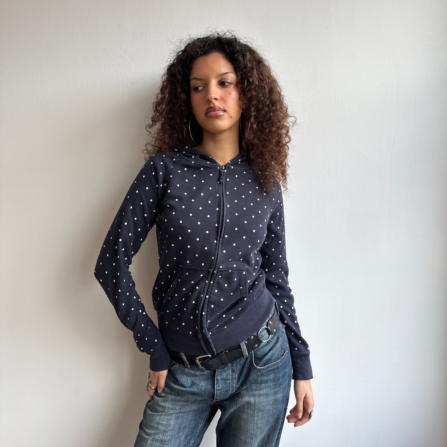 Navy polka dot hoodie - Size S