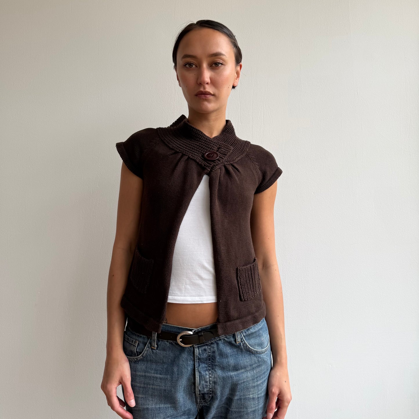 Brown button open front knit - Size S