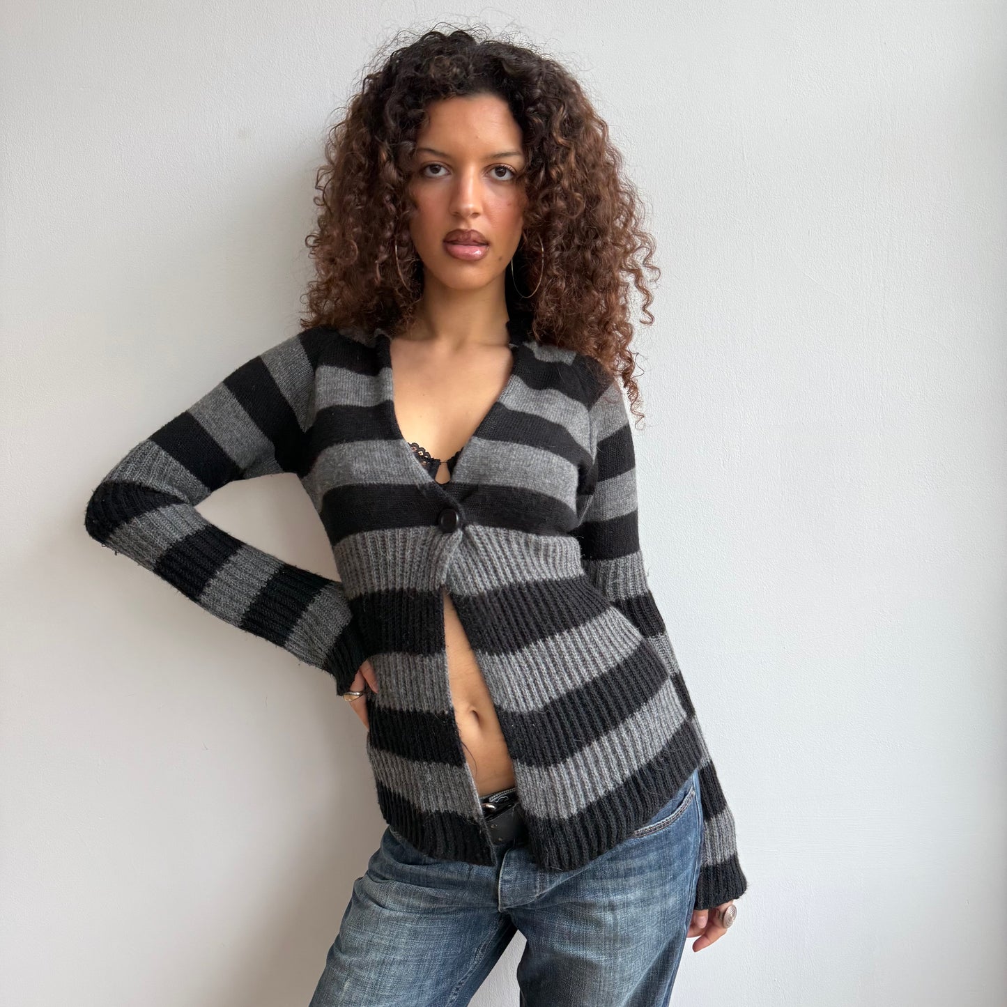 Black + grey striped cardi - Size M