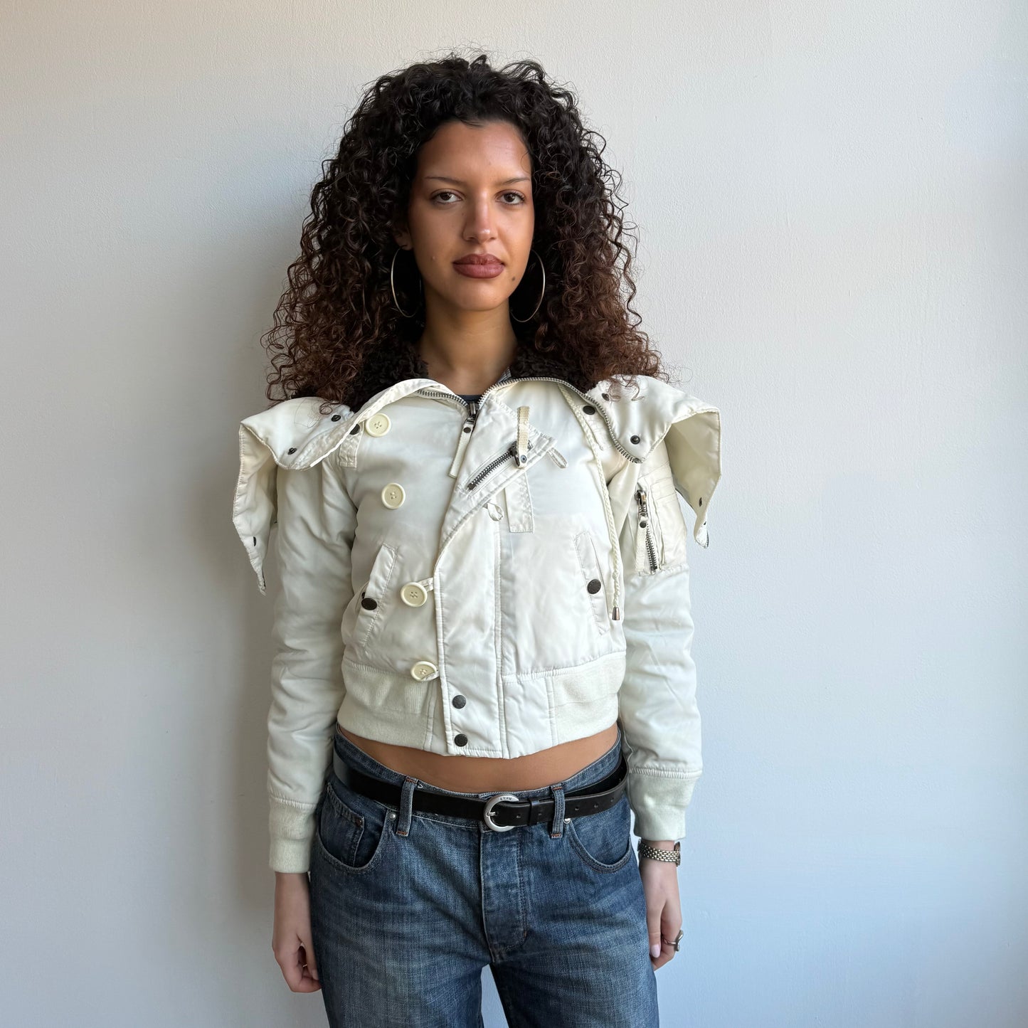 White fur hood cargo bomber - Size S