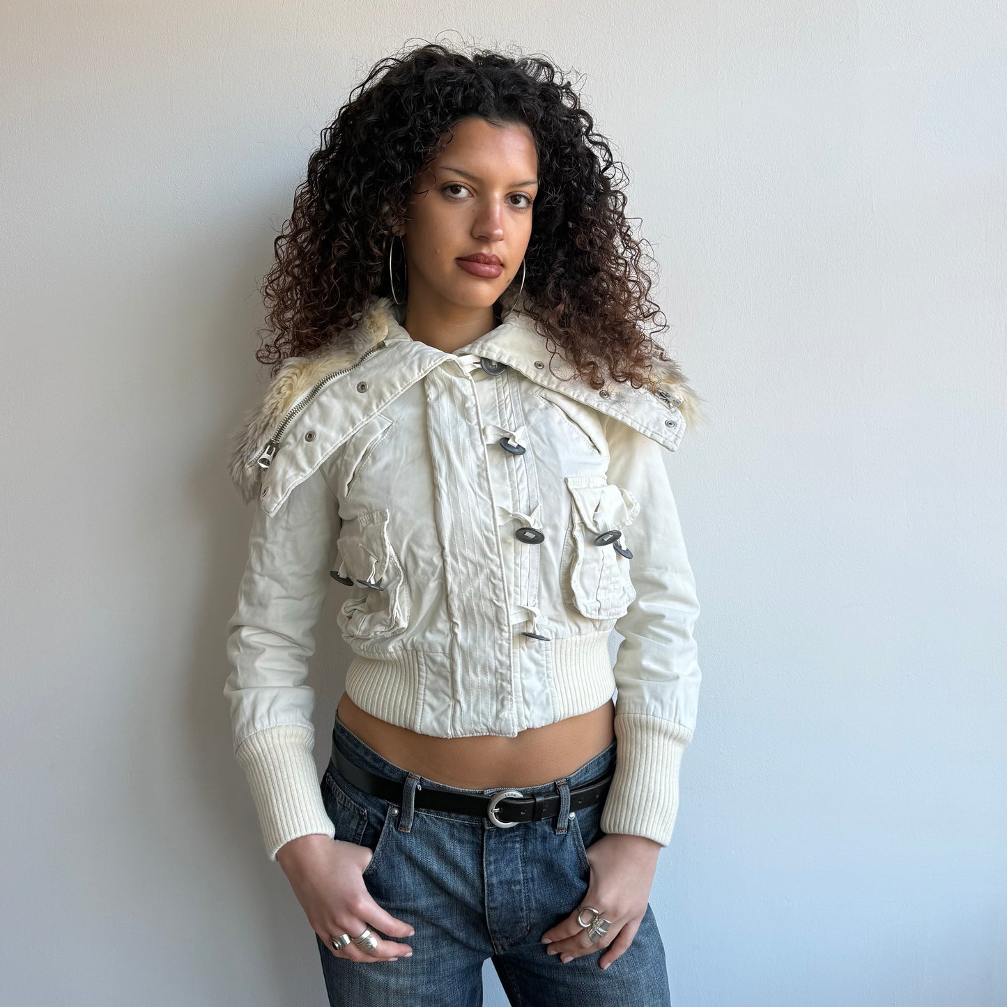 White fur collar bomber - Size S