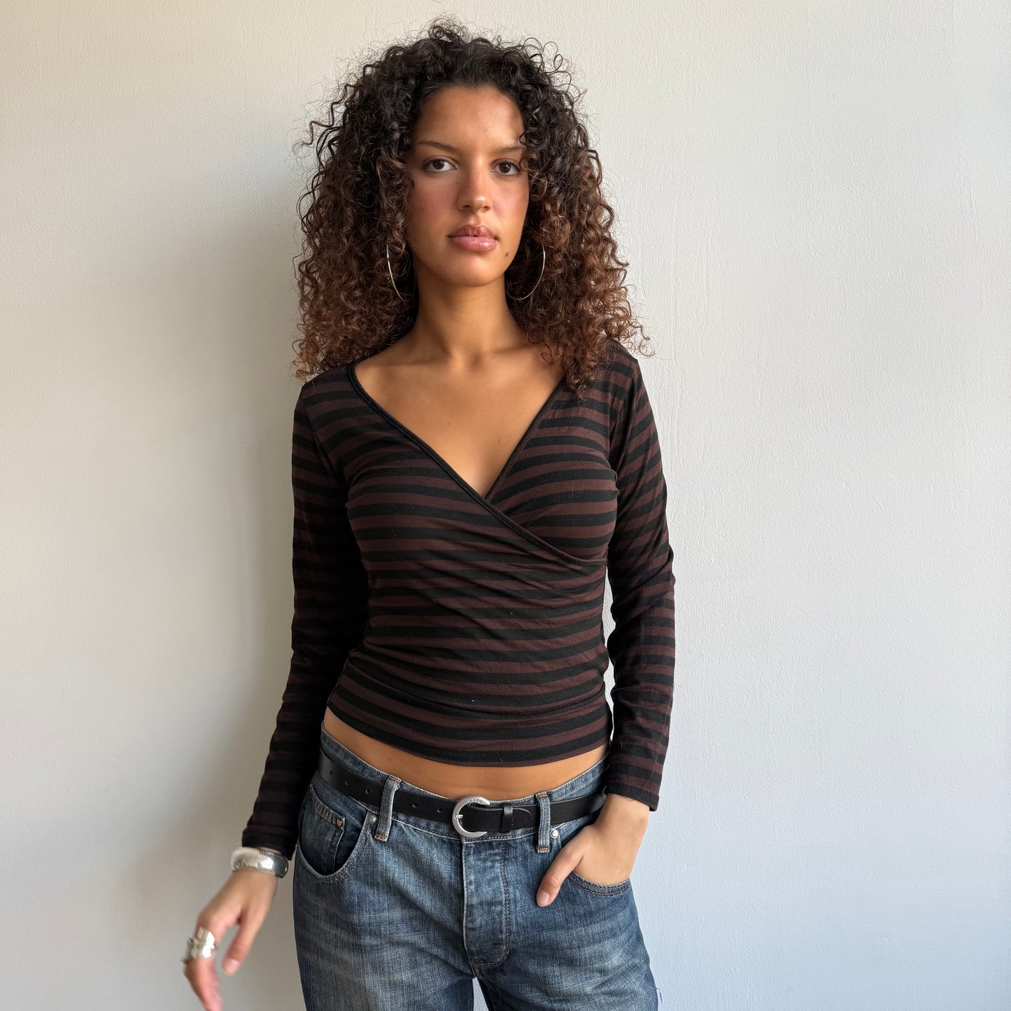 Brown + black striped wrap top - Size S
