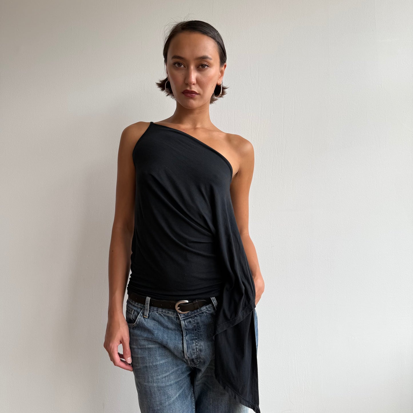 Black one shoulder long sleeve top - Size S
