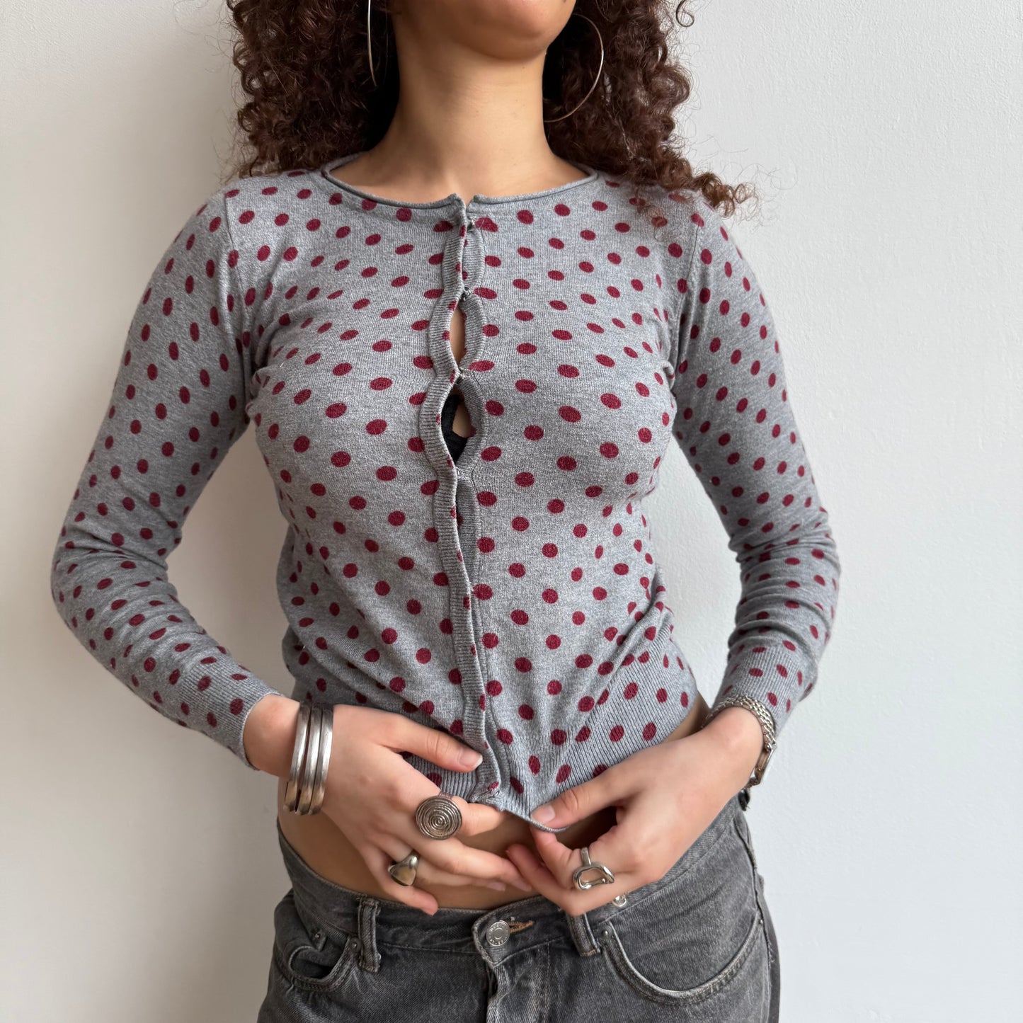Burgundy polka dot cardi - Size S