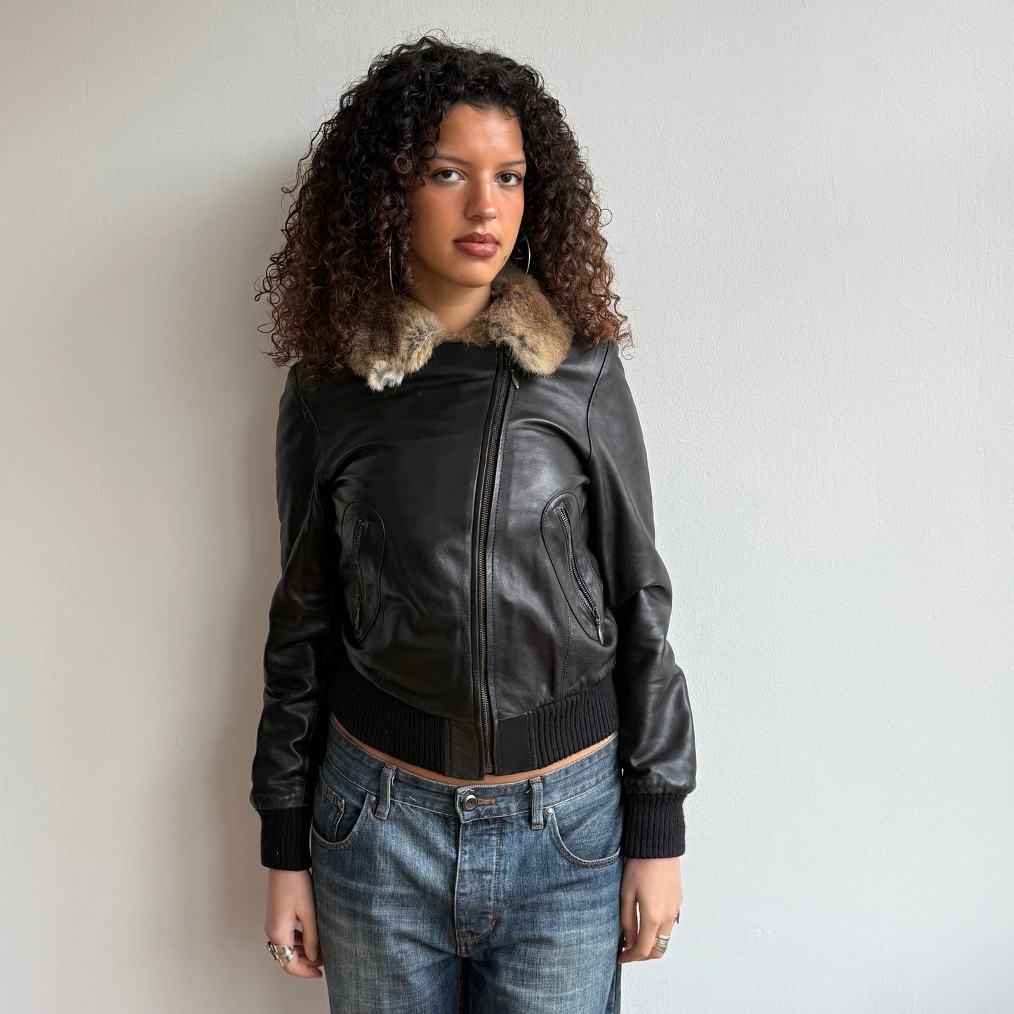 Black leather fur zip jacket - Size M