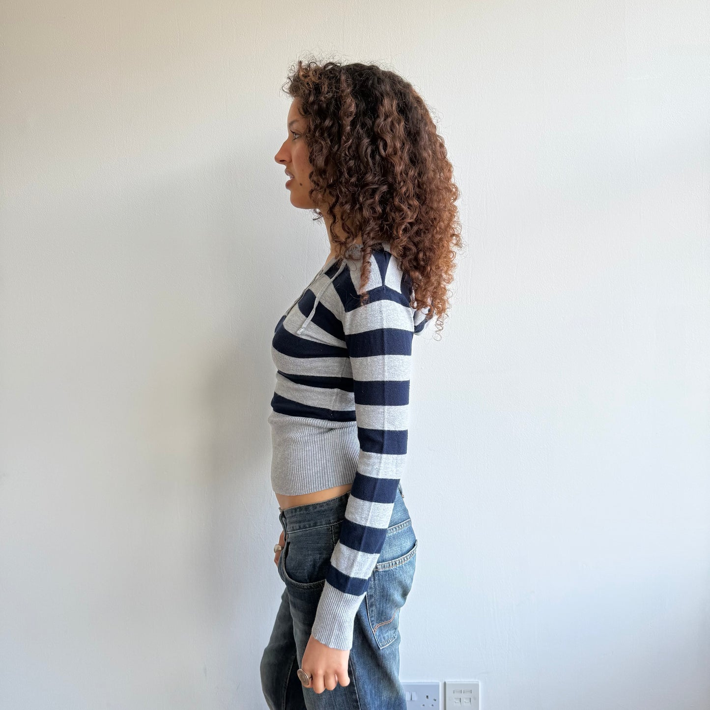 Navy and grey striped hoodie - Size S