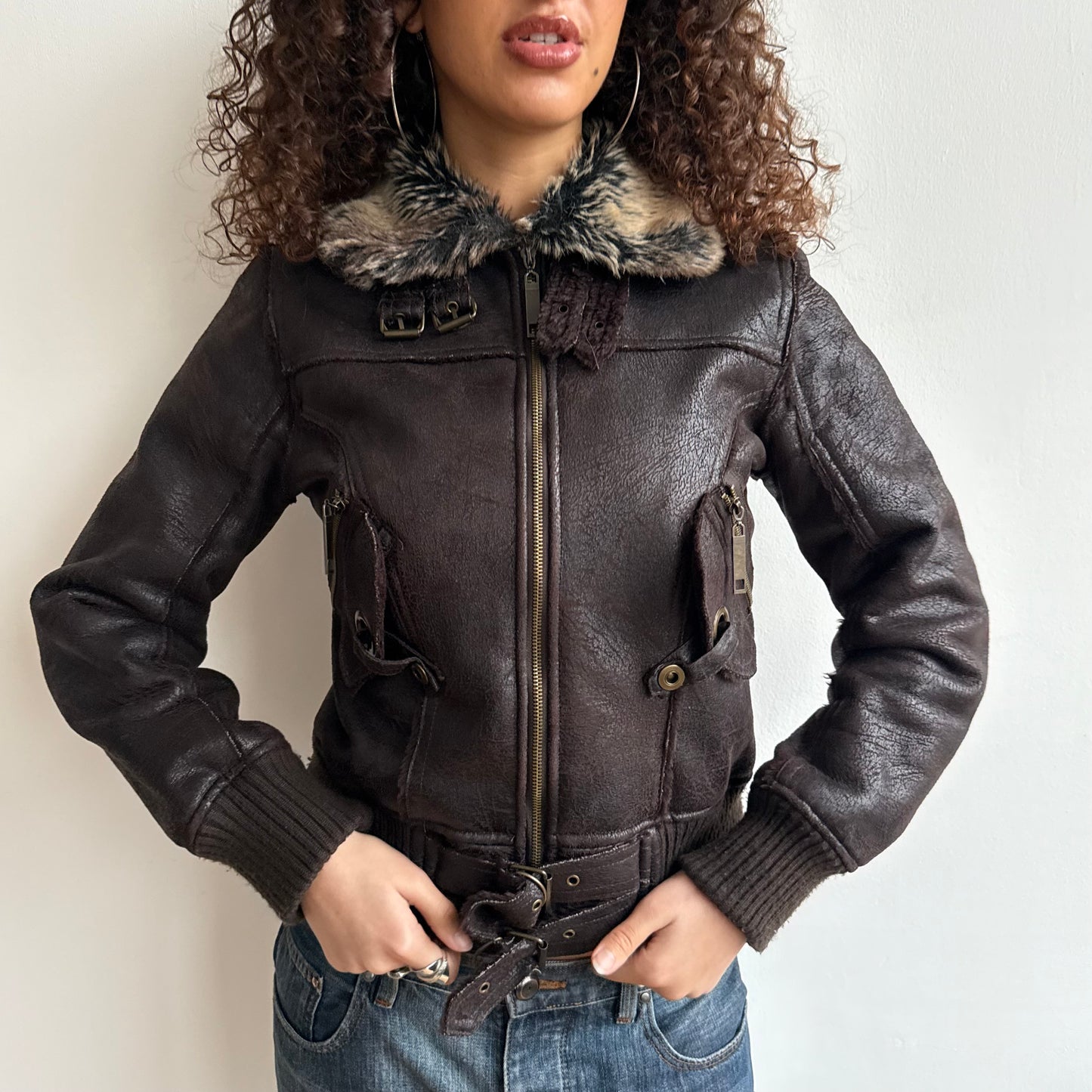 Brown buckle faux suede bomber - Size S