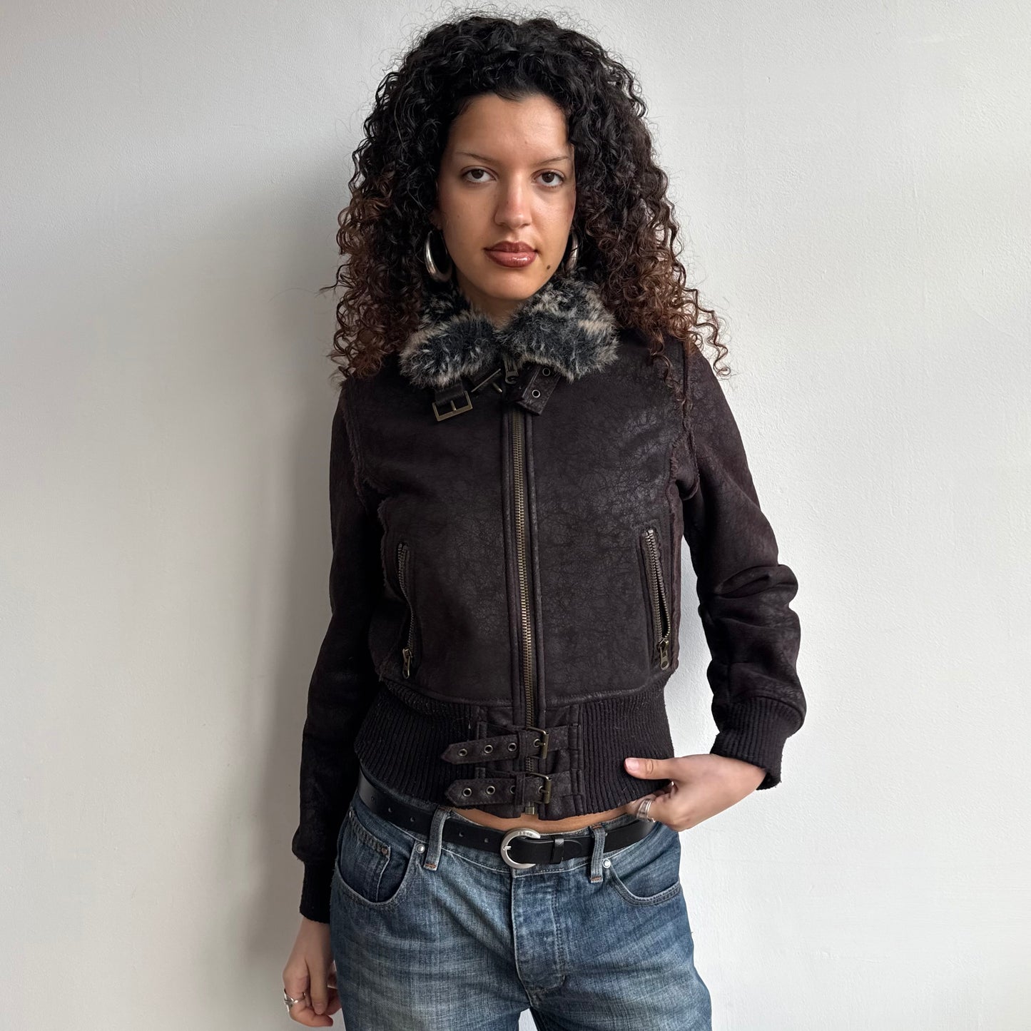 Brown buckle faux fur bomber - Size S