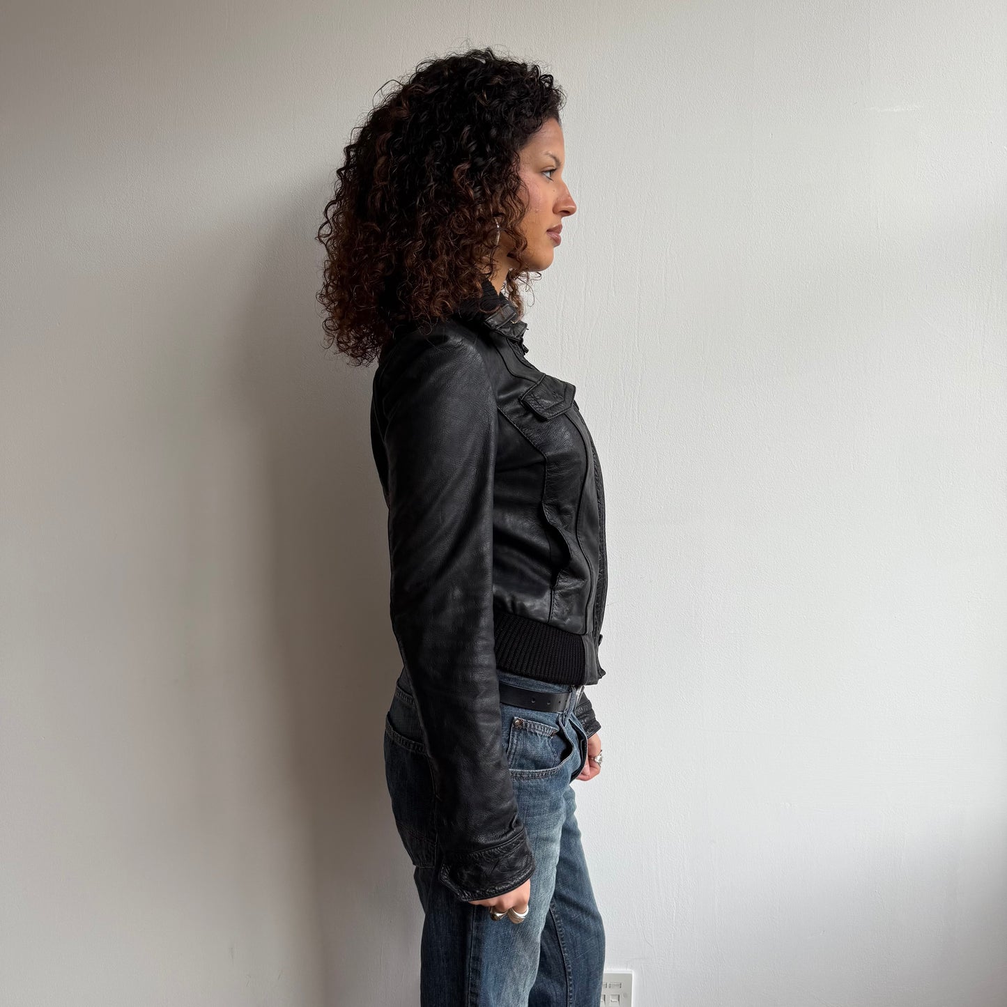 Black leather cargo jacket - Size S/M