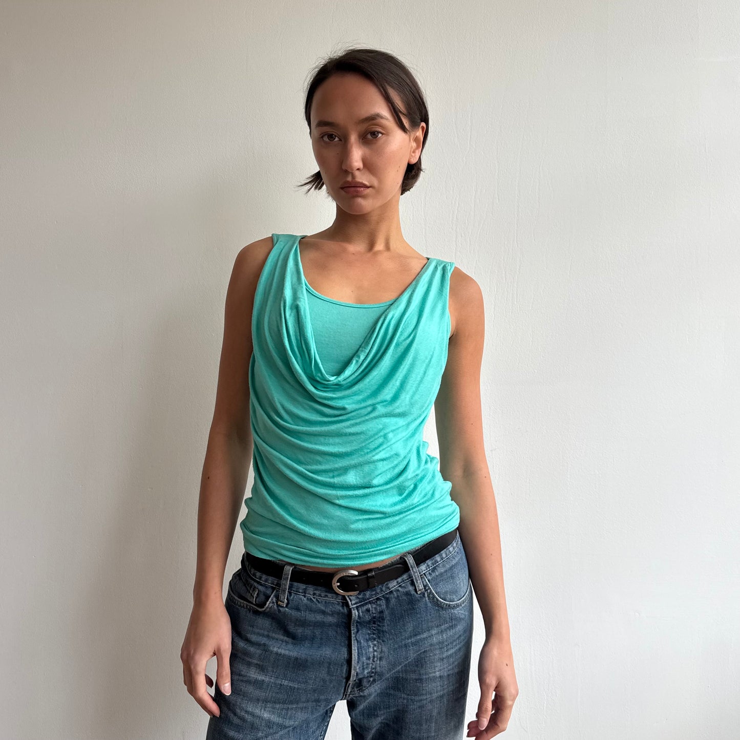 Teal double layer cowl top - Size S