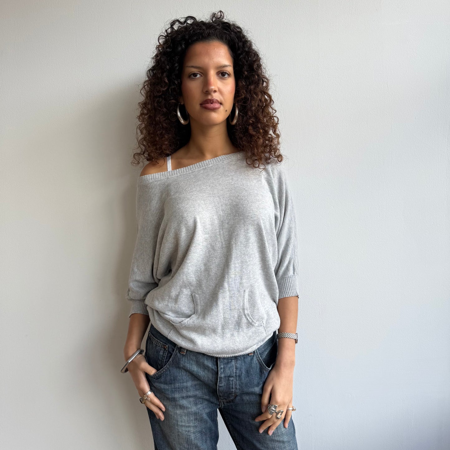 Grey short sleeve pocket slouchy knit - Size M