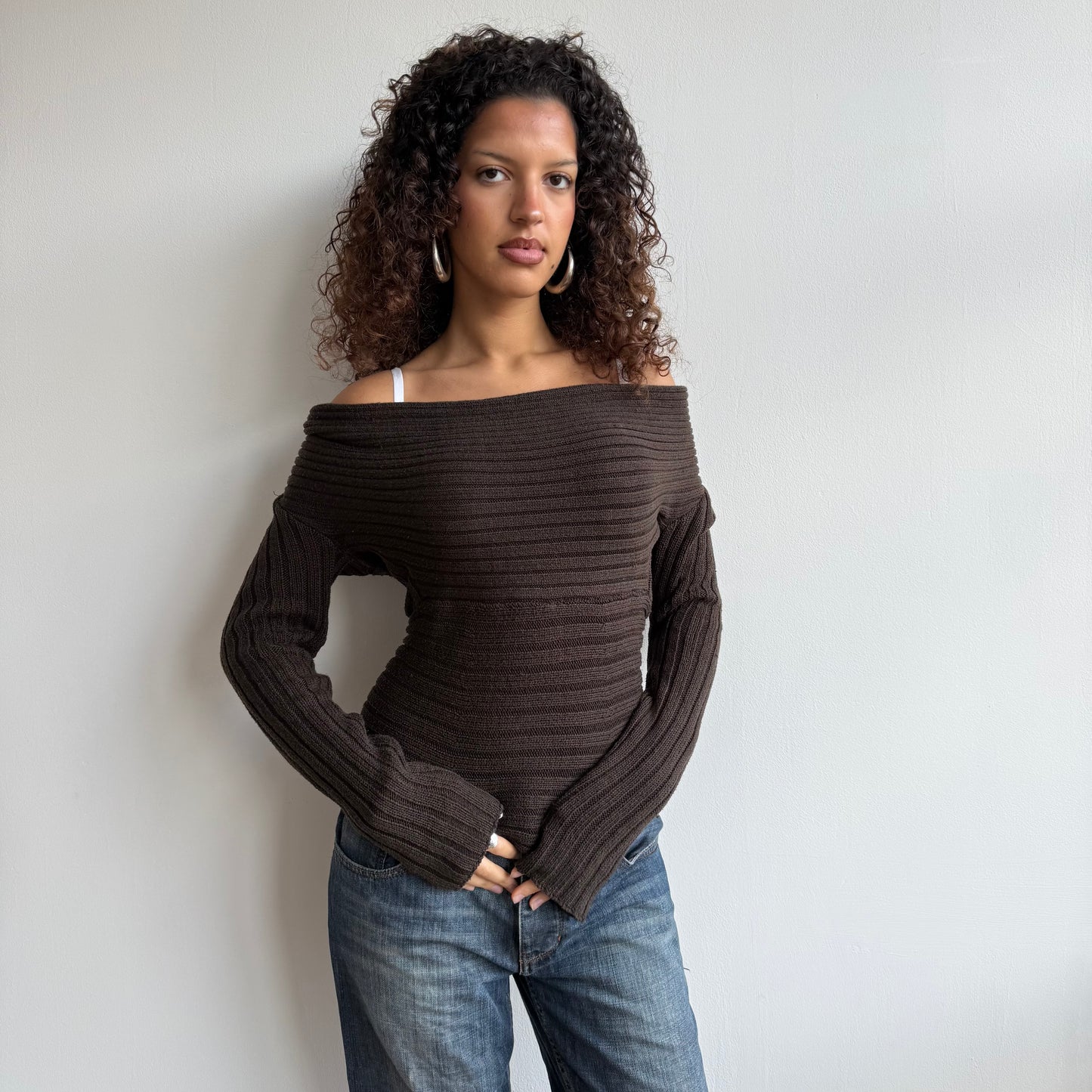 Brown chunky knit Bardot jumper - Size M