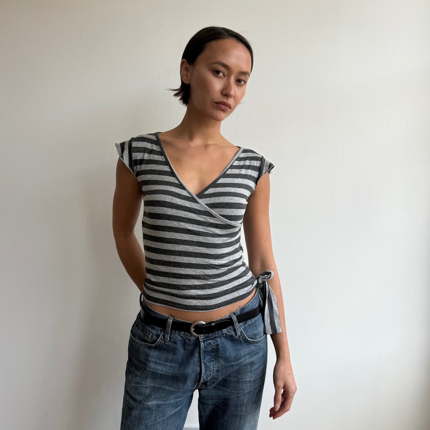 Grey striped wrap ballet top - Size S-M