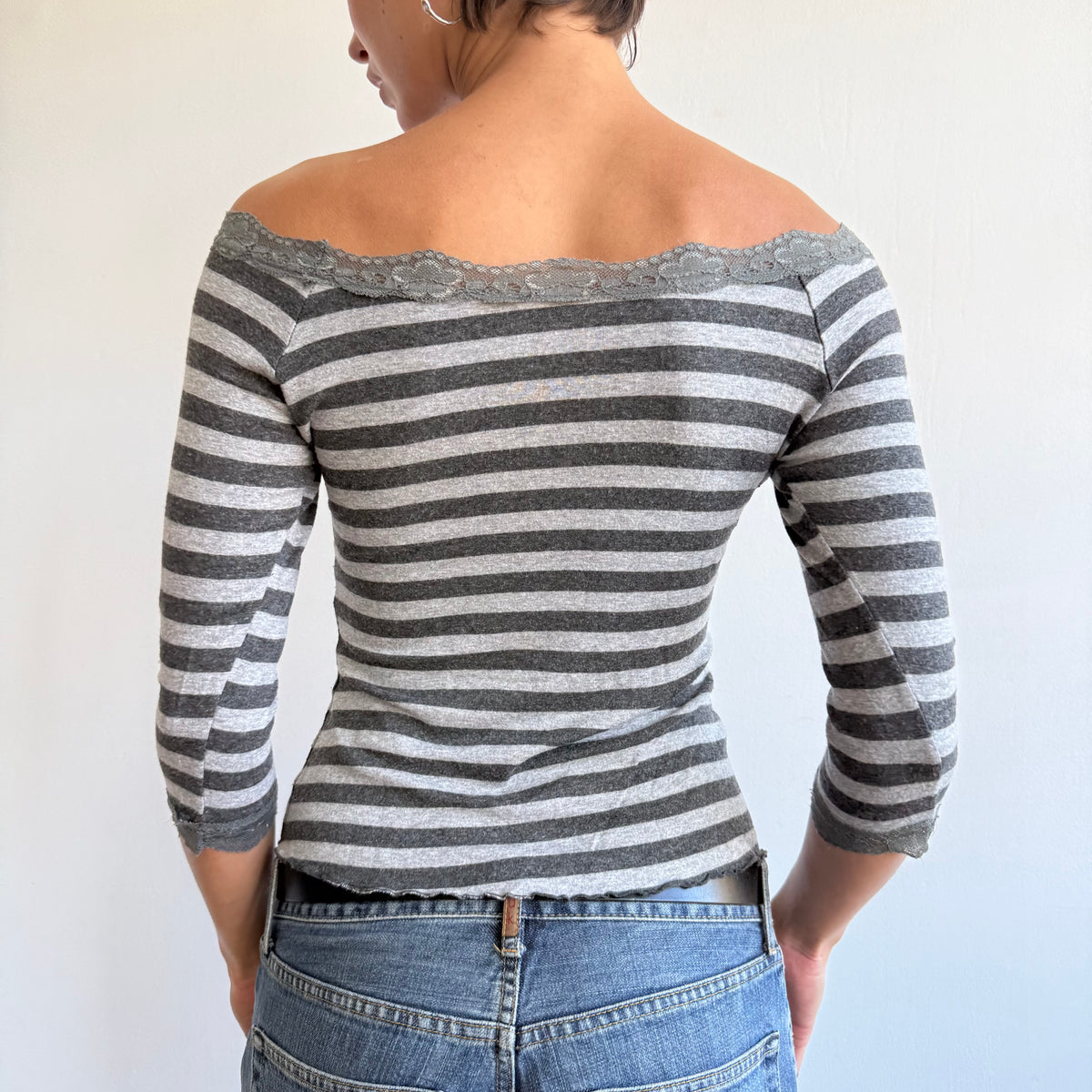 Grey striped lace 3/4 sleeve top - Size S