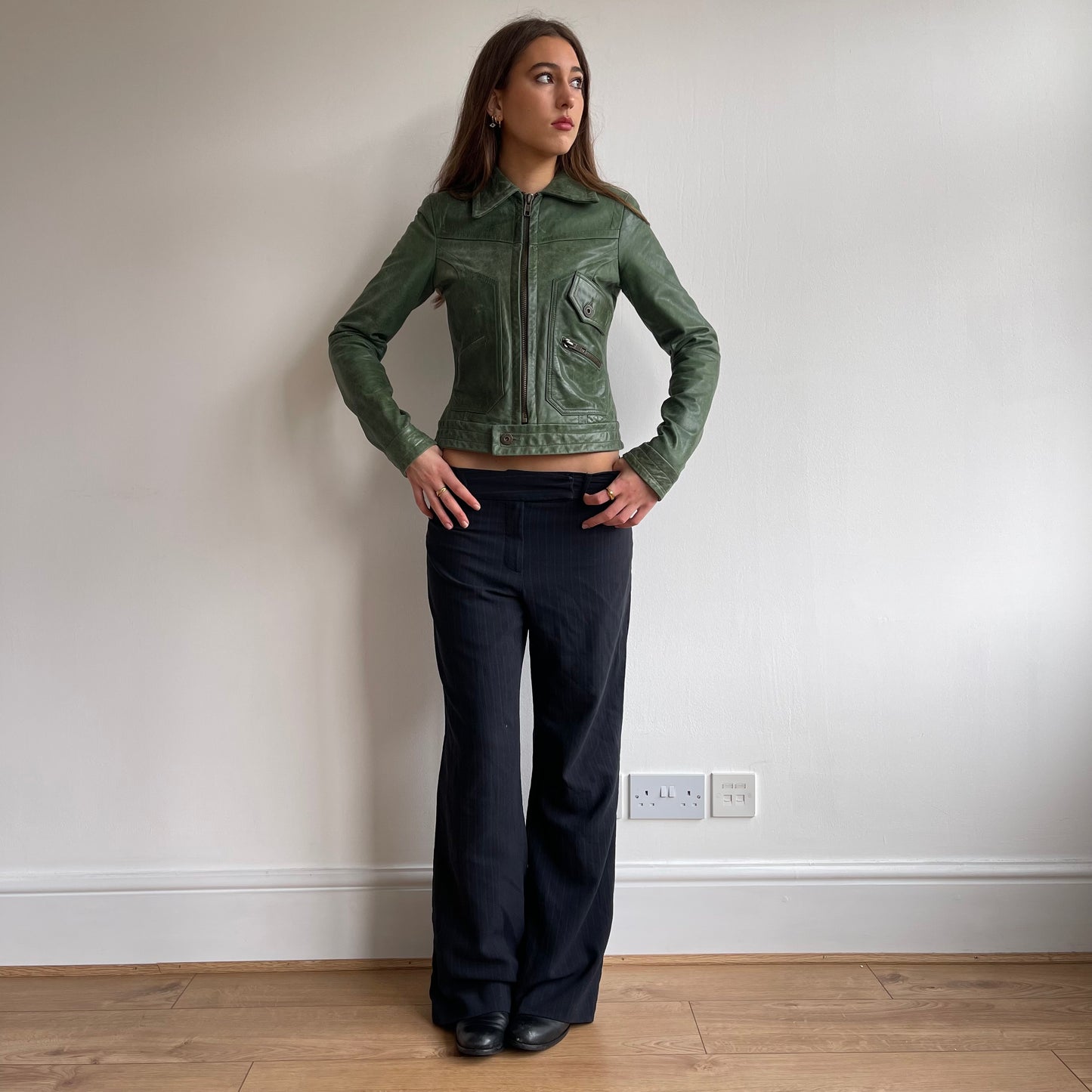 Green leather jacket - Size XS