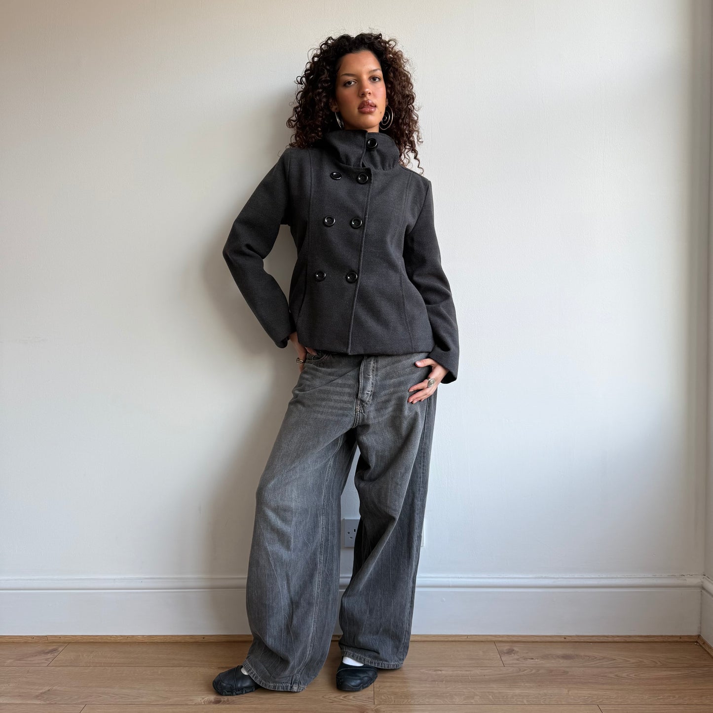 Grey button neck peacoat - Size L