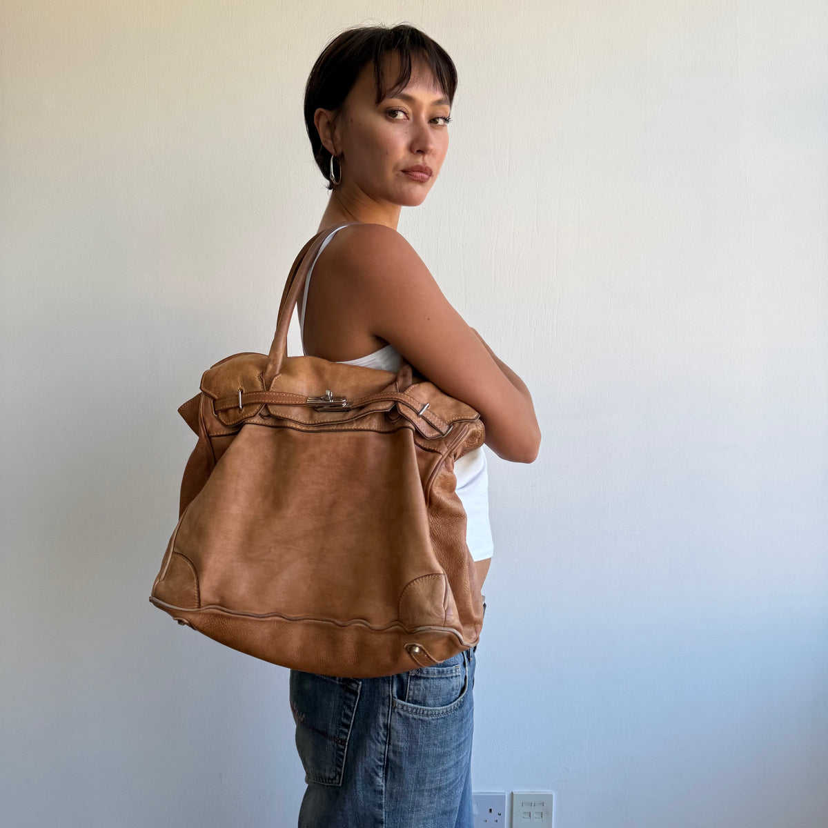 Peach leather firkin bag - One Size