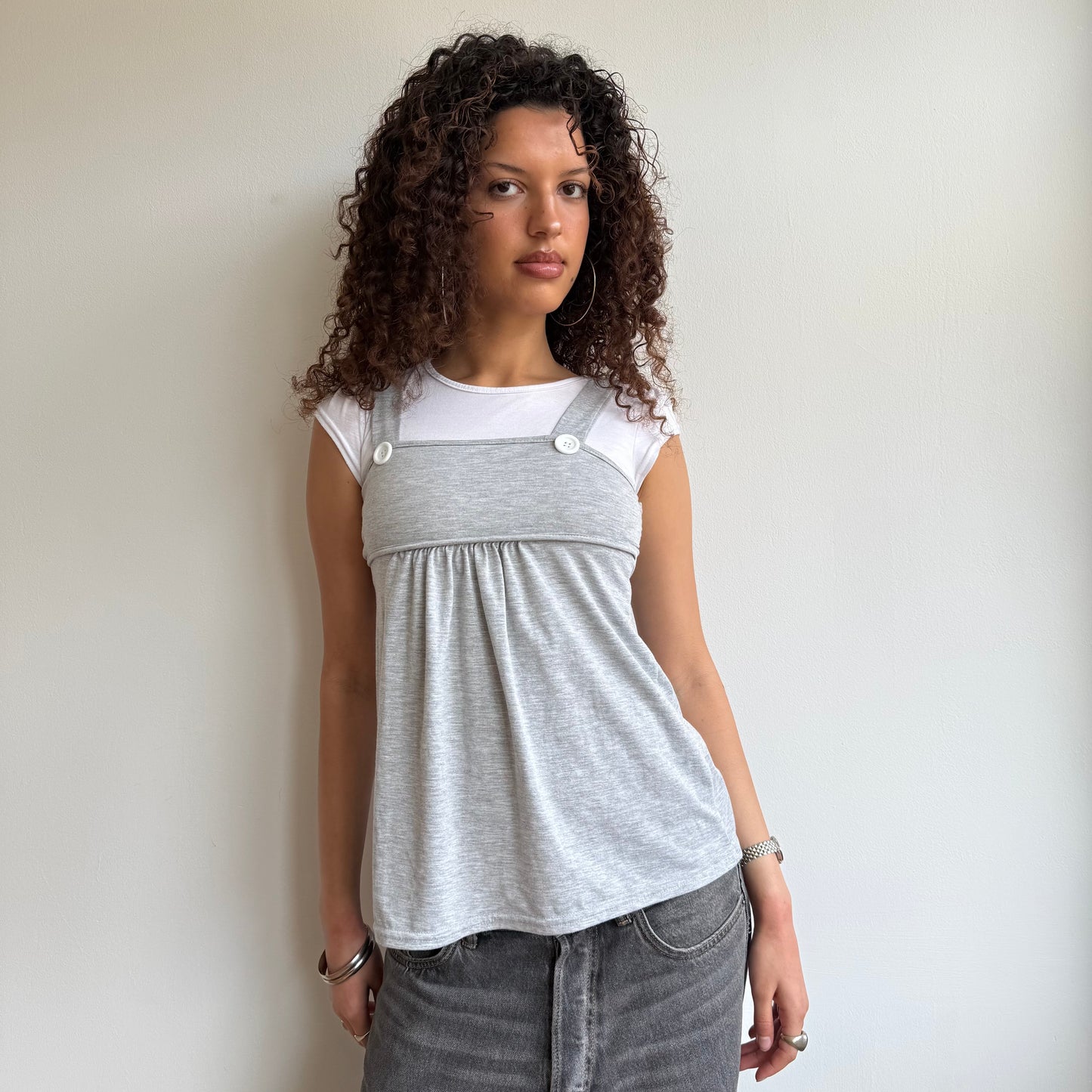 Grey + white dungaree top - Size S