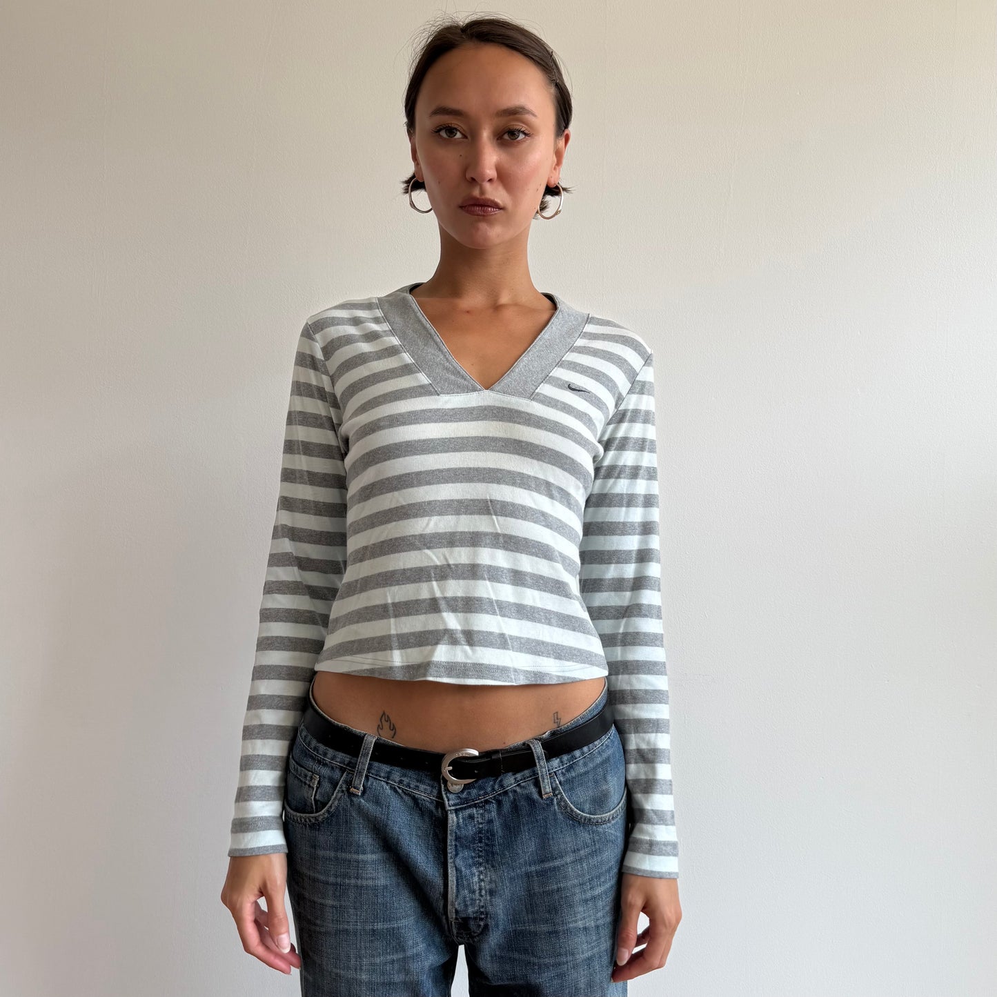 Grey Nike stripe v-neck top - Size S