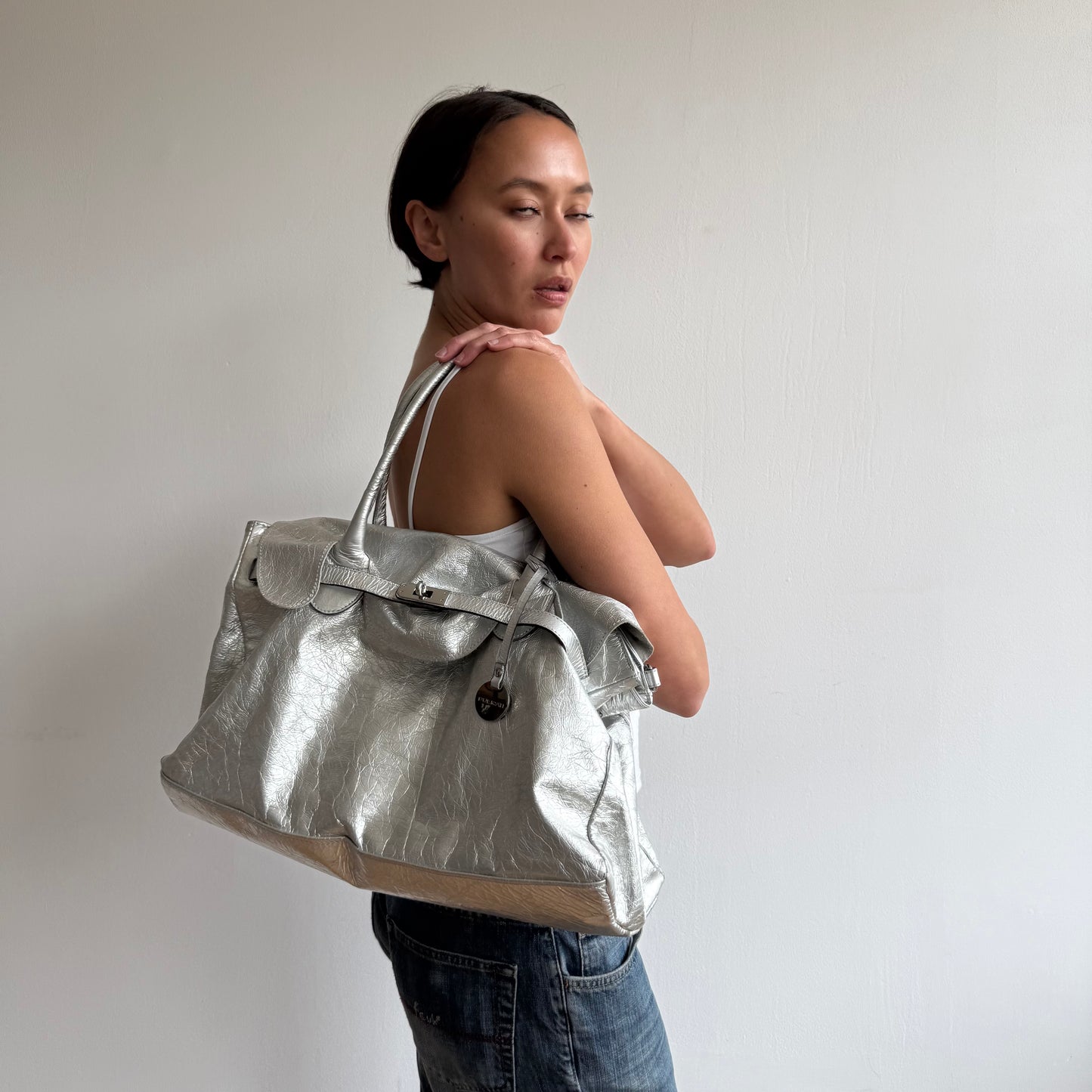 Silver leather ‘firkin’ bag - One Size